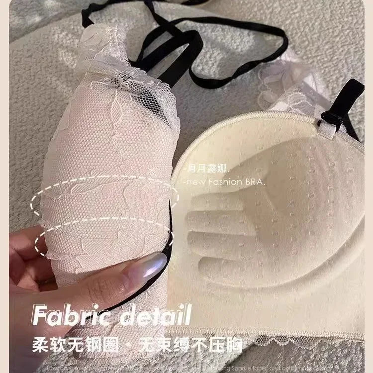 French Lace Halter Neck Bra for Women Sexy Backless Design No Steel Ring Breathable Underwear with Bow Ribbon Collarbone Chain