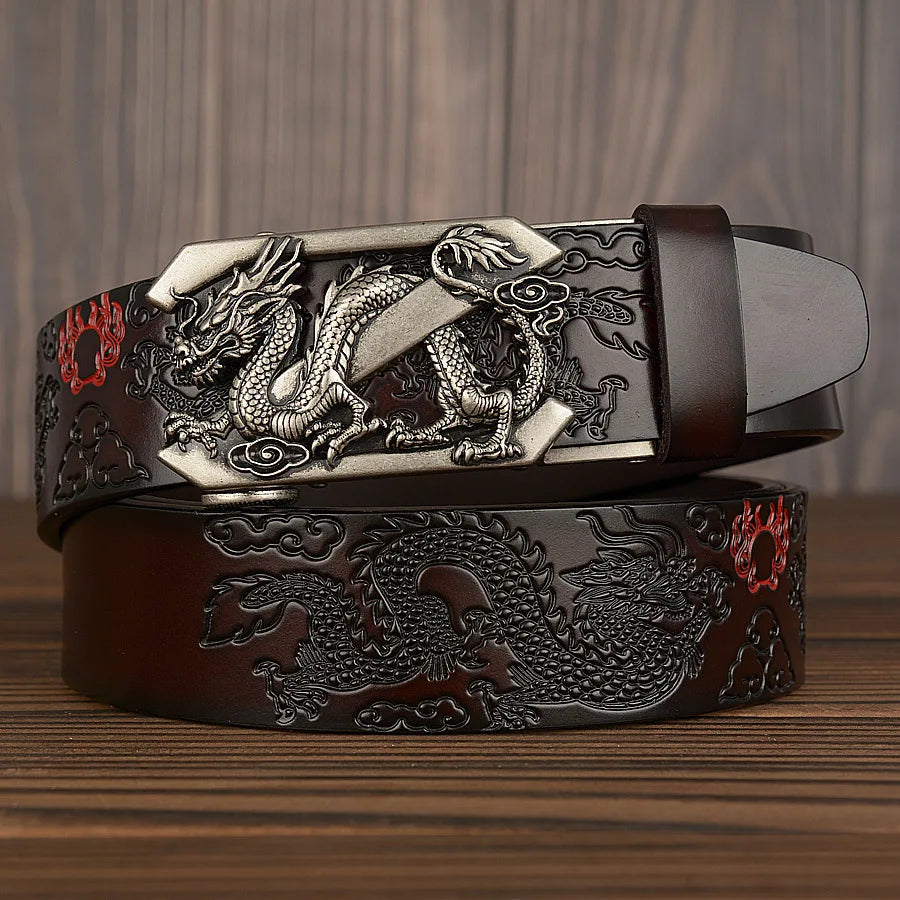 Male Genuine Leather Belts Casual Ratchet Belt with Automatic Buckle Luxury Design Dragon Pattern Belts for Business Men Strap