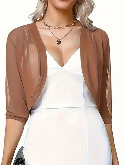 Vintage 3/4 Sleeve Mesh Shrug Bolero Cardigan Slim Cropped Tops Chiffon Ladies Black Jacket Spring Coat Casual Women Clothes