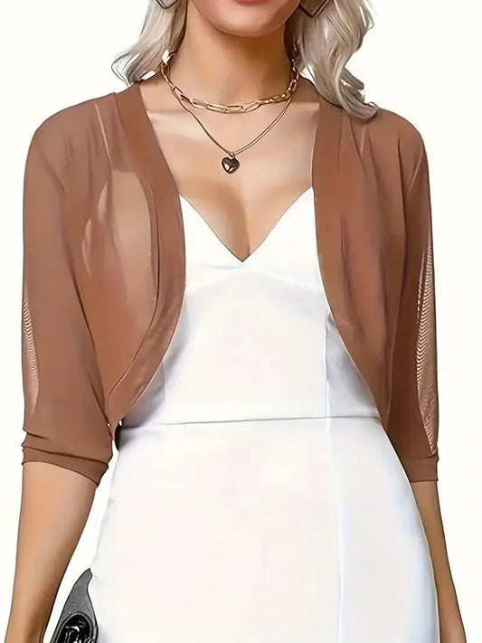 Vintage 3/4 Sleeve Mesh Shrug Bolero Cardigan Slim Cropped Tops Chiffon Ladies Black Jacket Spring Coat Casual Women Clothes
