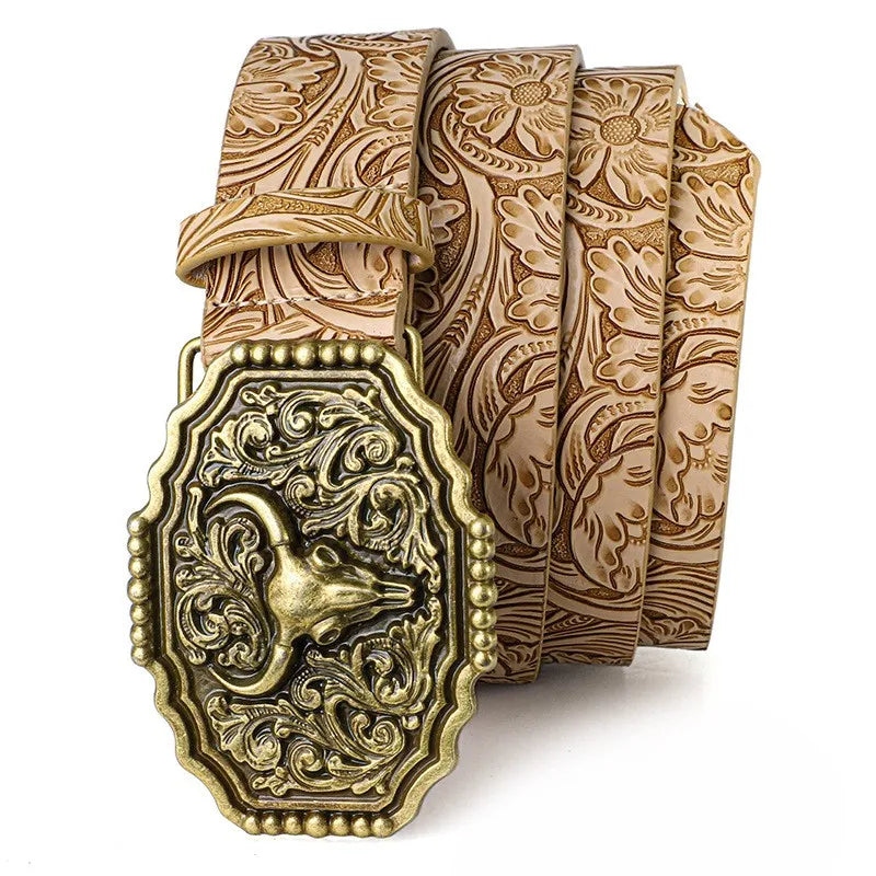 Western Cowboy Style Vintage Casual Belts - Ox Head Carved Buckle & Bohemian Print, Perfect For Daily Commute & Dating Outfits