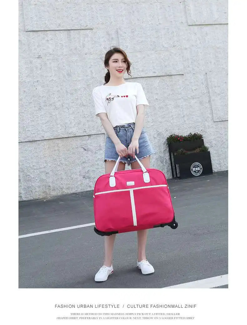 Large Capaci Travel Bag Women's Lightweight Pull Bag Portable ort Trip Hand Lage Bag with Wheels Faionable Ox Cloth