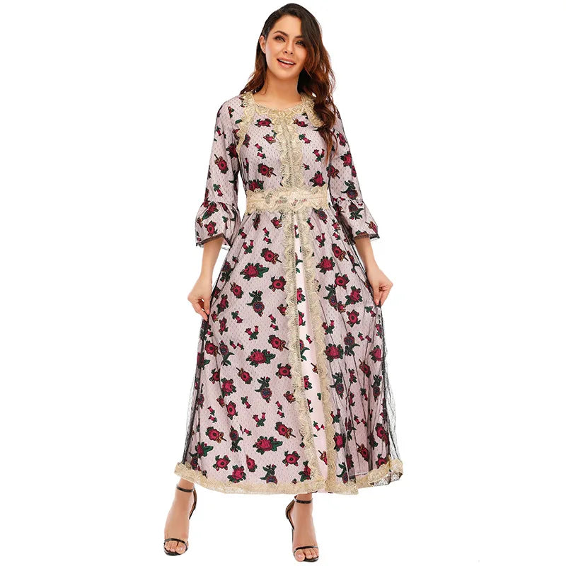 Muslim Fashion Abaya Dress Eid Malaysia Dubai  Muslim Women Printing Flower Fabric Classic Abaya Elegant Lace Dresses  Robe