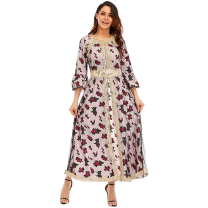 Muslim Fashion Abaya Dress Eid Malaysia Dubai  Muslim Women Printing Flower Fabric Classic Abaya Elegant Lace Dresses  Robe