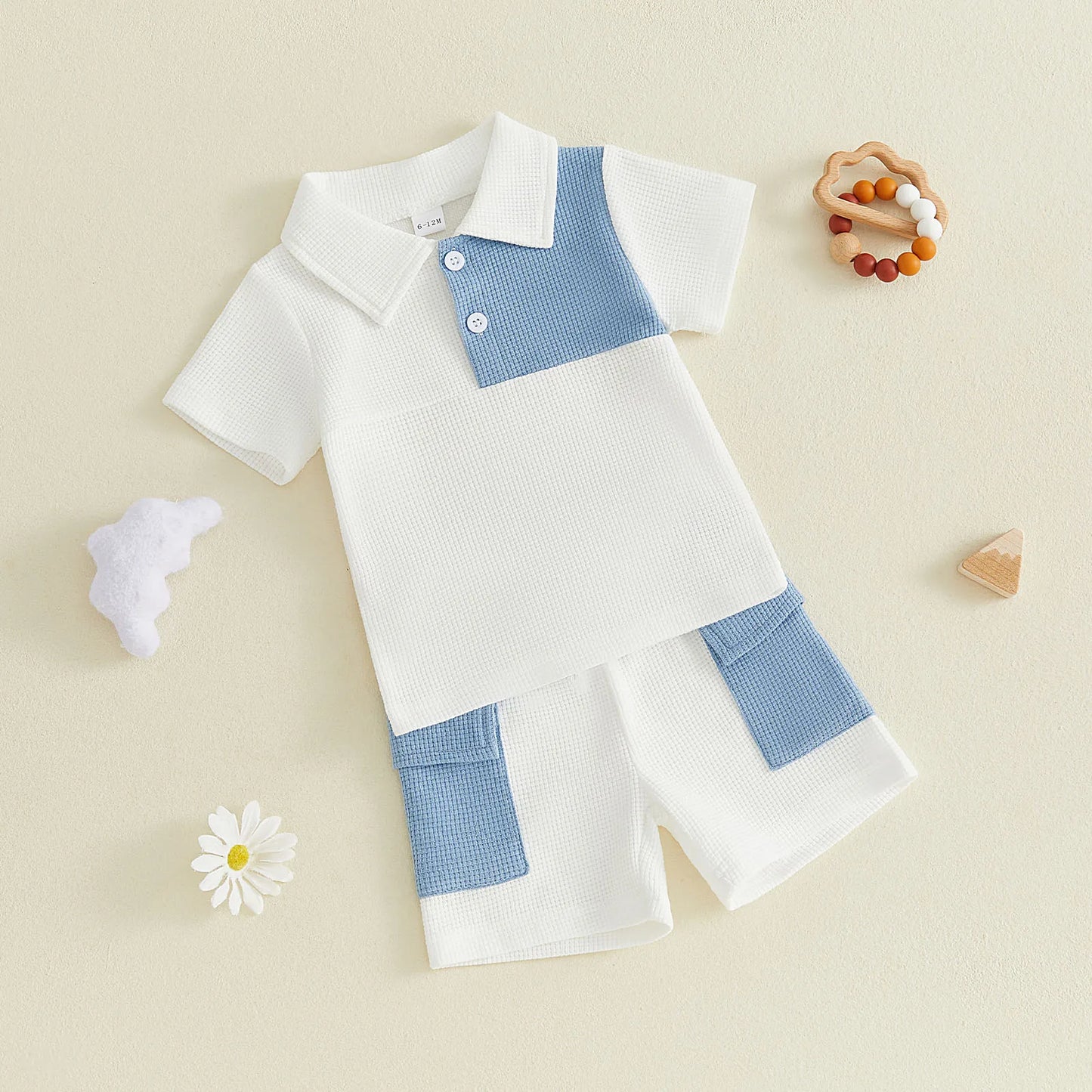 Toddler Baby Boy Summer Outfit Contrast Short Sleeve Collared Shirts Cargo Shorts 2 Piece Boys Waffle Clothing Set