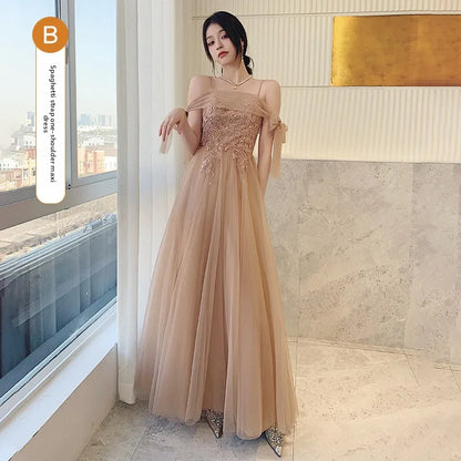Champagne Color Maids Dr Long Sve Women's Sle Summer New Faion Simple Ele Long Silhouette Sister's up Gown