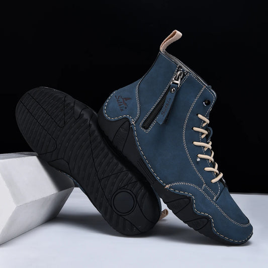Men's Hand-Stitched Vintage Boots, Fashionable Solid Color Side Zipper High-Top Casual Shoes, Spring and Autumn Everyday Wear, Bare Boots, Outdoor Hiking Sneakers
