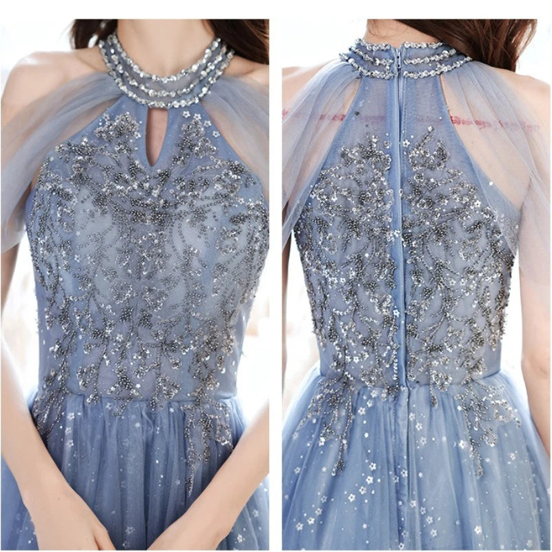 French Halter Off Shoulder Sequined Sparking Long Formal Evening Gown Blue