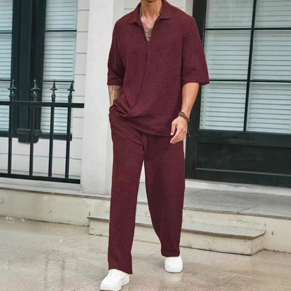 Men's Summer Fashion Loose Men Suit Solid Half Sleeved T-shirt And Pants Water Wave Wrinkles Two-piece Set For Male Outfits