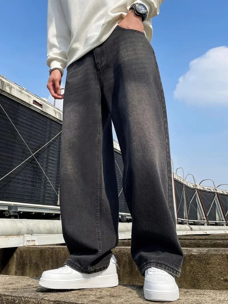 1Pc Men's Daily Travel Casual American Street Loose Jeans, Black, Light Blue, Sea Blue Fashion Street Style Retro Lantern Jeans Jeans Denim Pants