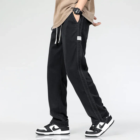 2025 Summer New Soft Lyocell Fabric Men's Jeans Thin Loose Straight Leg Pants Drawstring Elastic Waist Korean casual pants
