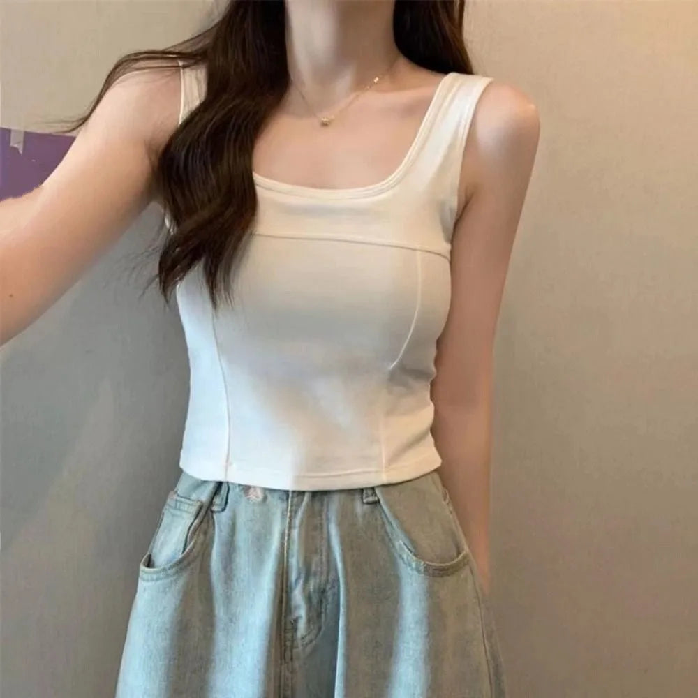 Simple Basic Skinny Vest Women Solid Color Square Neck Slim Crop Top Sleeveless Spicy Girl Style Camisole with Pads Girls