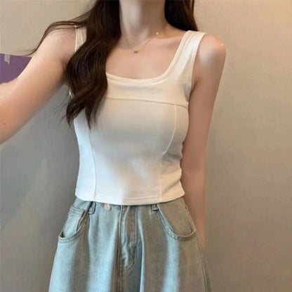 Simple Basic Skinny Vest Women Solid Color Square Neck Slim Crop Top Sleeveless Spicy Girl Style Camisole with Pads Girls