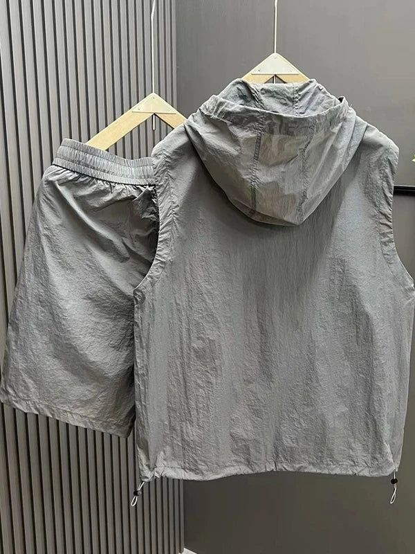 Men's Casual Lightweight Vest orts Two-Piece Set Summer Hat Faion Sun Protection Polyester Fiber Thin Sle Commuting