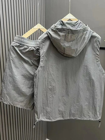 Men's Casual Lightweight Vest orts Two-Piece Set Summer Hat Faion Sun Protection Polyester Fiber Thin Sle Commuting