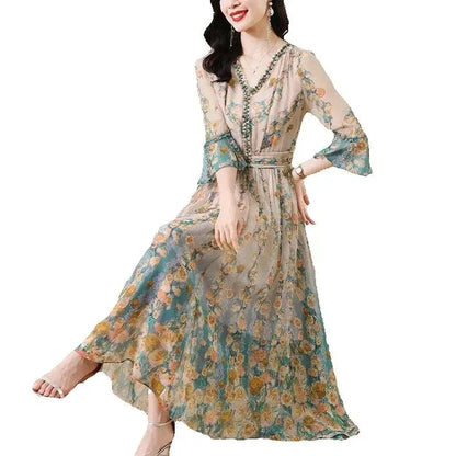 High End Silk Chiffon Dress 2025 Summer Loose Temperament Socialite French Waist Cinched Floral Seven Quarter Sleeve Long Skirt