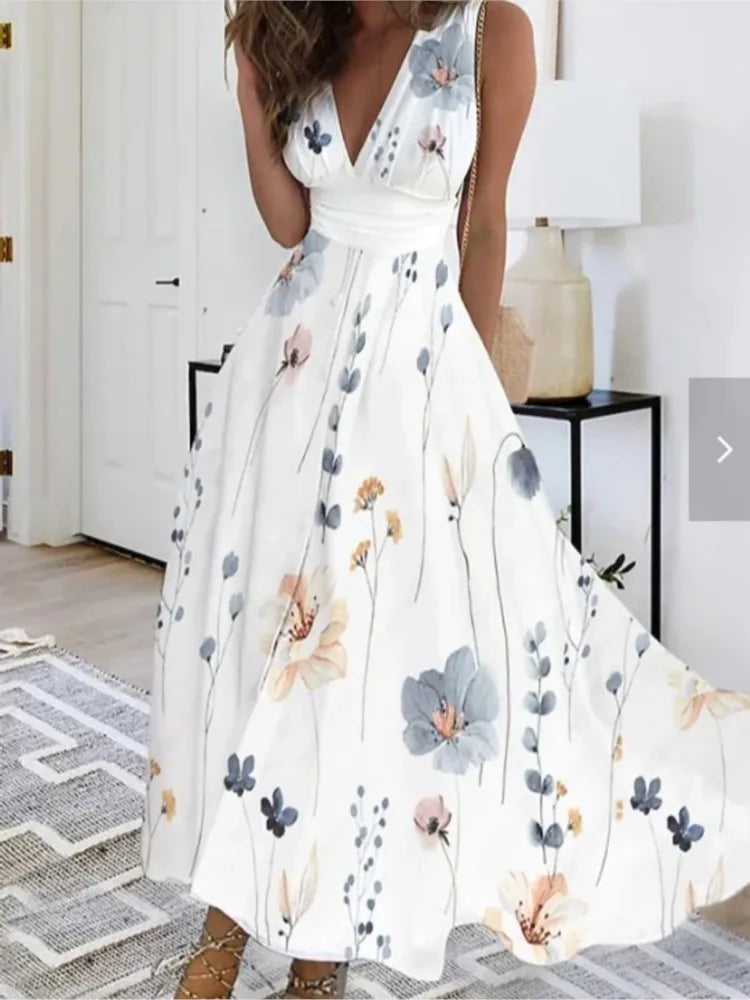 Summer Women Dress Fashion Sexy V-Neck Sleeveless Higt Waist Long Dresses Elegant Office Printing Holiday Party Dress Vestidos