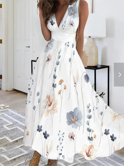 Summer Women Dress Fashion Sexy V-Neck Sleeveless Higt Waist Long Dresses Elegant Office Printing Holiday Party Dress Vestidos