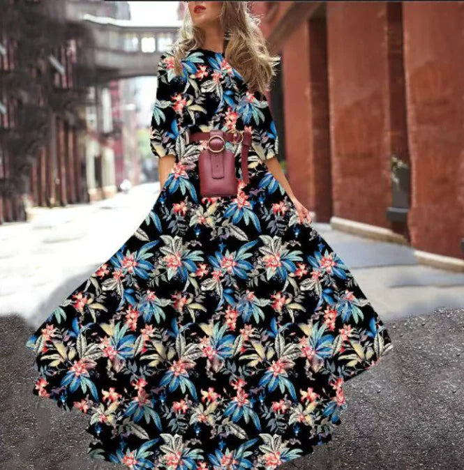 Spring Summer Vintage Flower Floral Print Maxi Dress Office Lady Fashion Elegant Long Sleeve O-neck Dresses For Women 2024