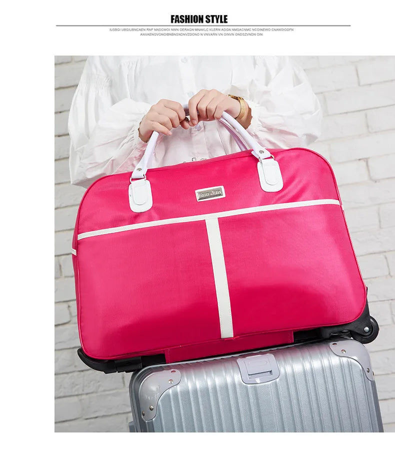 Large Capaci Travel Bag Women's Lightweight Pull Bag Portable ort Trip Hand Lage Bag with Wheels Faionable Ox Cloth