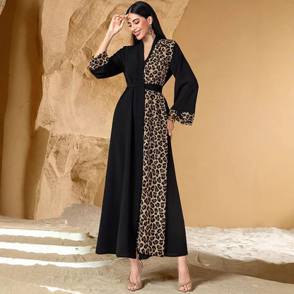 Women's Leopard Spliced V-neck Long Sleeve Ankle Length Cardigans with Sashes Middle East Female Plus Size Clothes Abaya Dress