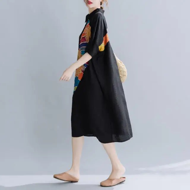 Women Summer Clothing 2025 New Style Literary Splicing Loose Printed Button Splicing Shirt Dress
