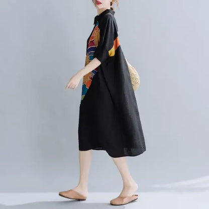 Women Summer Clothing 2025 New Style Literary Splicing Loose Printed Button Splicing Shirt Dress