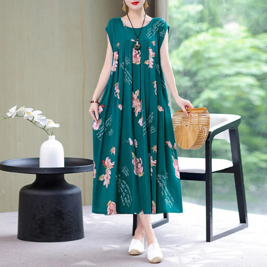 New 2025 Women summer Dress Floral Print short Sleeve Vestidos Elegant Vintage O-Neck Plus size Dresses jurken