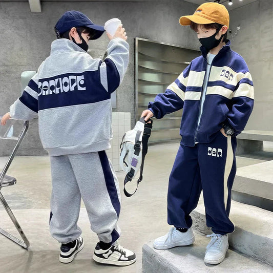 Fashion Boys Clothing Set Spring Autumn Patchwork Zipper Coat Pants 2Pcs For 4-12 Years Kids Tracksuits Teenager Casual Outfits