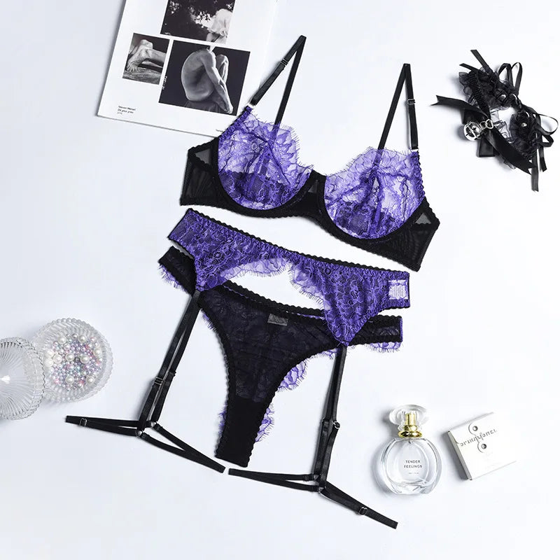 Sexy Lace Color Blo Bra And Panties Set Women's Nightclub Stoing Belt Four Piece Set European Sle ort Length Floral P...
