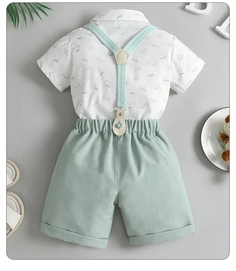 1-6Y Summer  Baby Boys Formal Costume Short Sleeve Bow Tie T-Shirt+Suspender Shorts Wedding Parties Festivals Gentleman Clothing