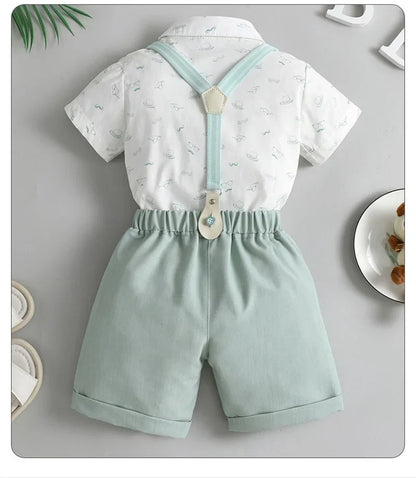 1-6Y Summer  Baby Boys Formal Costume Short Sleeve Bow Tie T-Shirt+Suspender Shorts Wedding Parties Festivals Gentleman Clothing