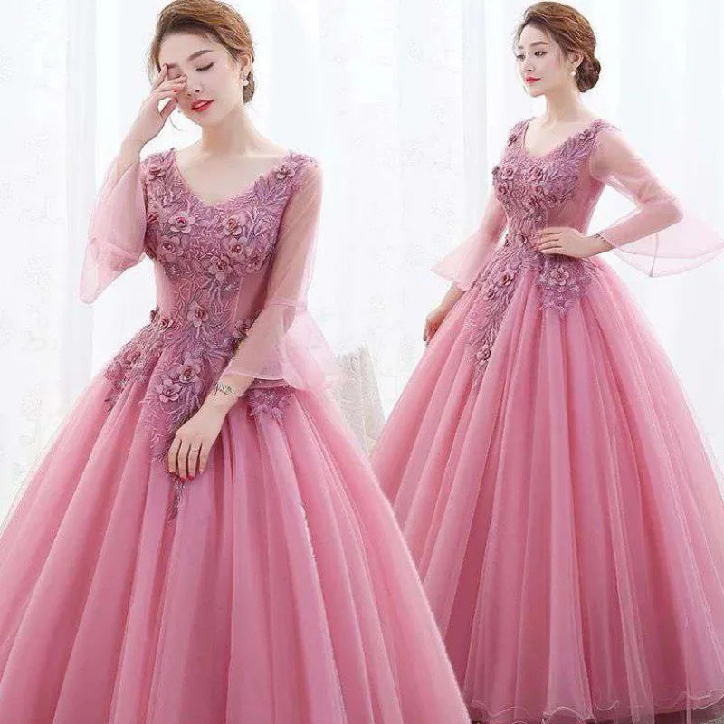 Wine long sweat half sleeve lady girl women princess bridesmaid banquet party ball prom dress gown