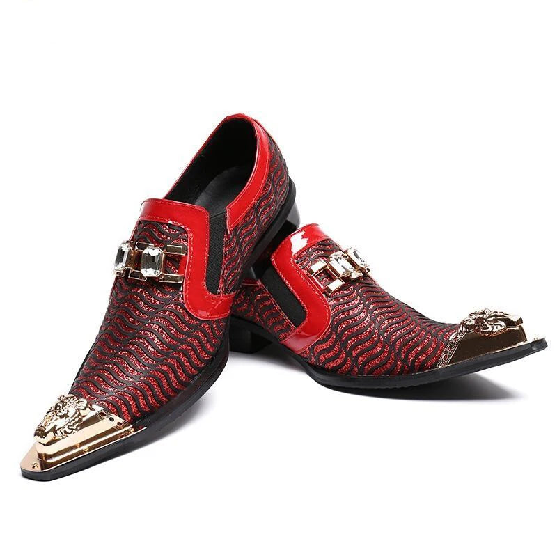 Men's Red Textured Leather Pointed Toe Buckle Dress Shoes Fashion Party Shoes Wedding Stage Formal Designer Footwear