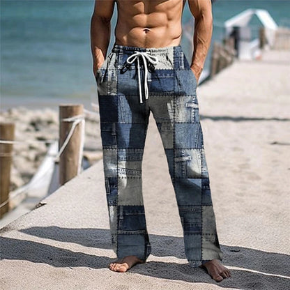 Plaid Color Block Men's Resort 3D Printed Casual Pants Trousers Elastic Waist Fit Straight-Leg Pant Summer Beach Pants 6XL