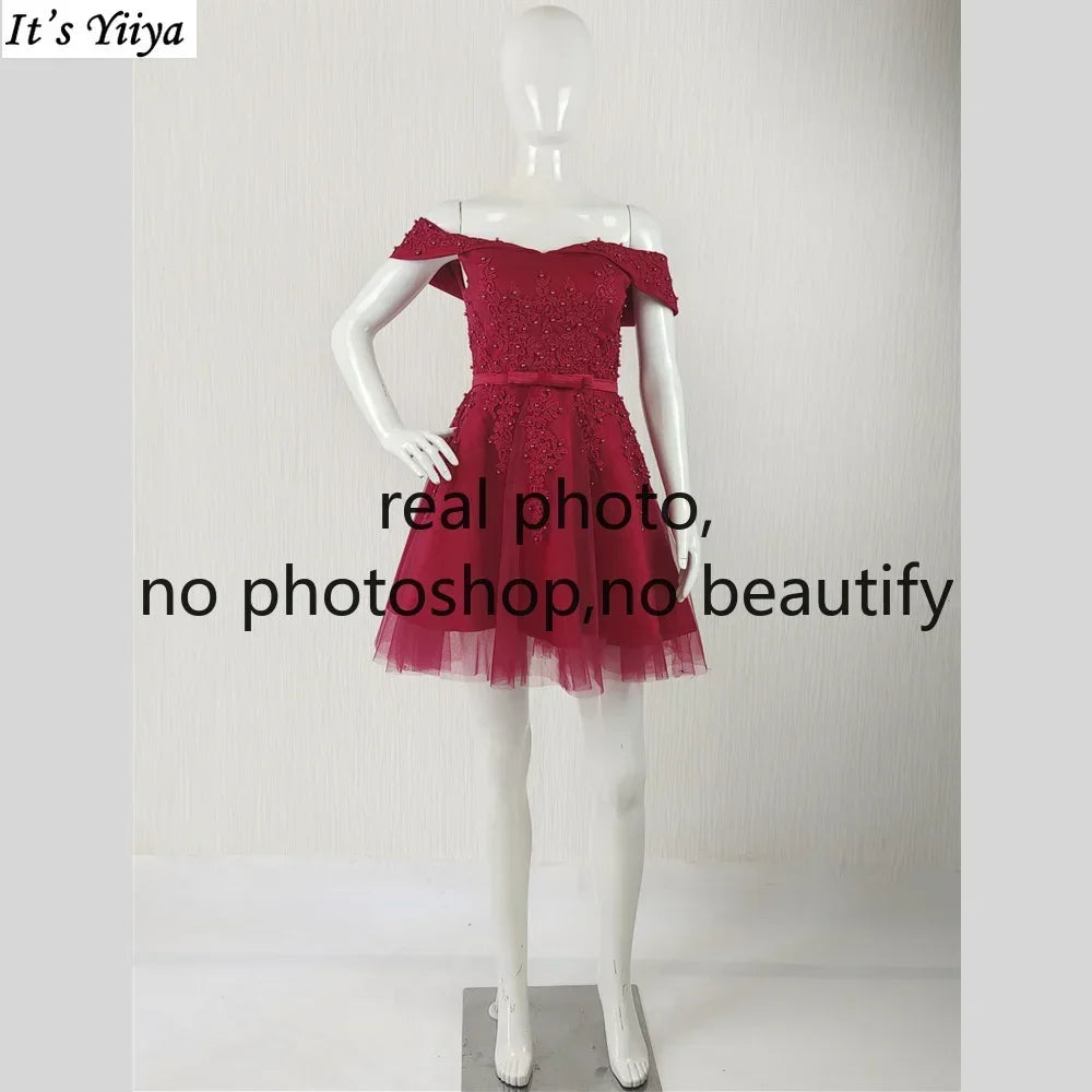 It's Yiiya Customization Real Photo Prom Dress Wine Red Beads Off the Shoulder A-line Knee-length Lace up Plus size Formal Gown