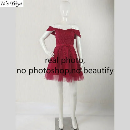 It's Yiiya Customization Real Photo Prom Dress Wine Red Beads Off the Shoulder A-line Knee-length Lace up Plus size Formal Gown