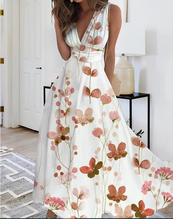 Summer Women Dress Fashion Sexy V-Neck Sleeveless Higt Waist Long Dresses Elegant Office Printing Holiday Party Dress Vestidos