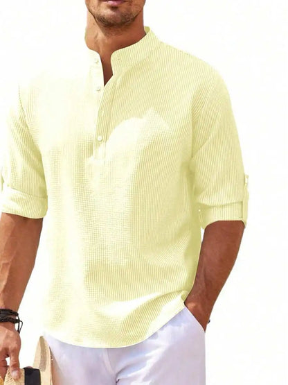 Men's Short Sleeve Henley Shirt, Striped Waffle Knit, Lightweight & Breathable for Summer Casual Wear