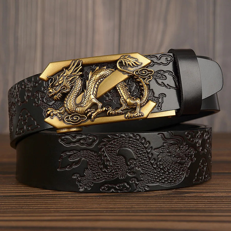 Male Genuine Leather Belts Casual Ratchet Belt with Automatic Buckle Luxury Design Dragon Pattern Belts for Business Men Strap