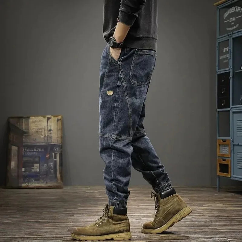 Autumn Trendy Jeans Men's Loose Ties with Large Size Casual Trousers Spring and Autumn New Harem Pants