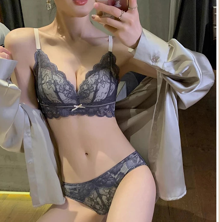 YUQI 2025 Lace Push Up Bra Set - Small Bust Anti-Sag | Autumn Winter Sexy Lingerie Wireless Comfort No Underwire Cover