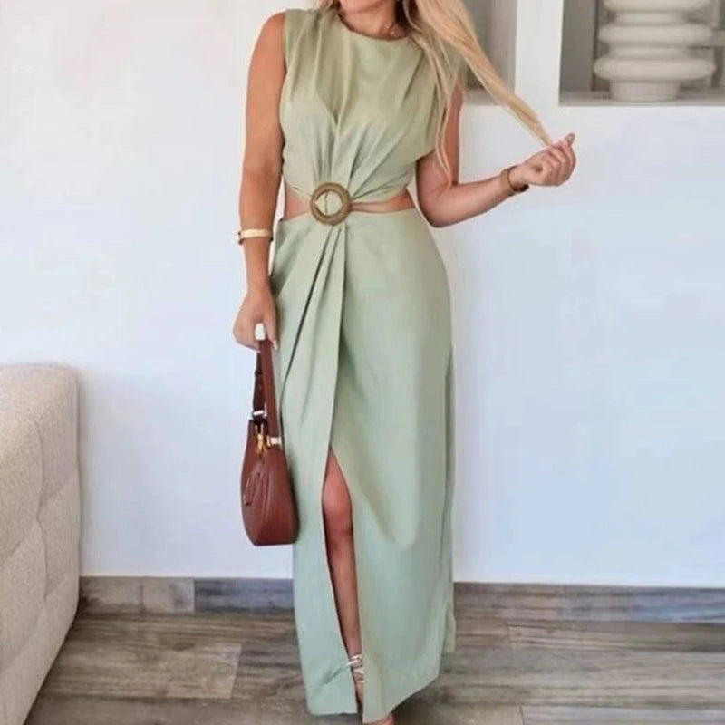 Elegant Sleeveless O-neck Party Dress Summer New High Waist Hollow Out Halter Dress Fashion Slim Solid Color Split Evening Dress