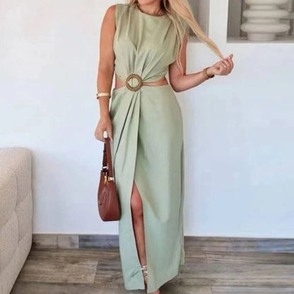Elegant Sleeveless O-neck Party Dress Summer New High Waist Hollow Out Halter Dress Fashion Slim Solid Color Split Evening Dress