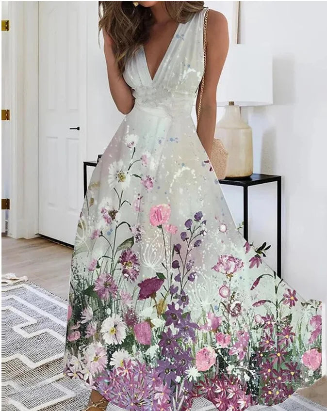 Summer Women Dress Fashion Sexy V-Neck Sleeveless Higt Waist Long Dresses Elegant Office Printing Holiday Party Dress Vestidos