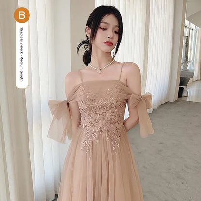 Champagne Color Maids Dr Long Sve Women's Sle Summer New Faion Simple Ele Long Silhouette Sister's up Gown