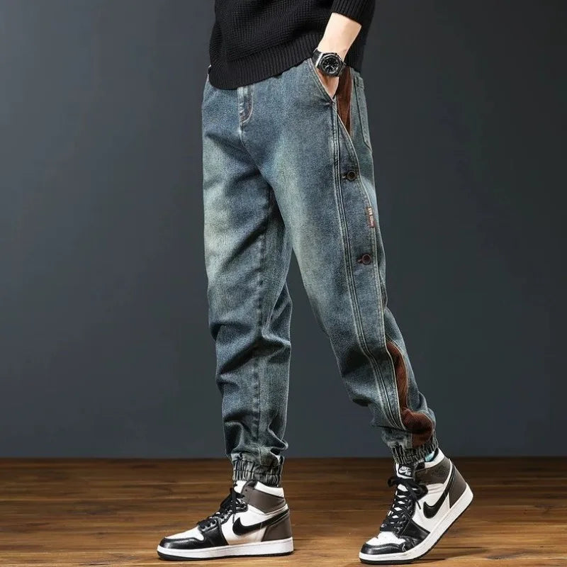 Autumn Men Trendy American Vintage Patchwork Loose Denim Cargo Pants Y2K Casual Streetwear Pockets Baggy Jeans Pantalones Hombre
