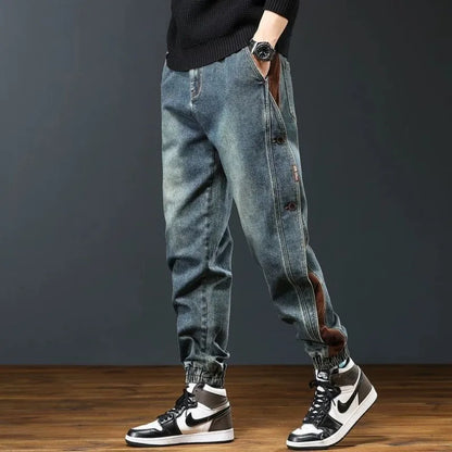 Autumn Men Trendy American Vintage Patchwork Loose Denim Cargo Pants Y2K Casual Streetwear Pockets Baggy Jeans Pantalones Hombre