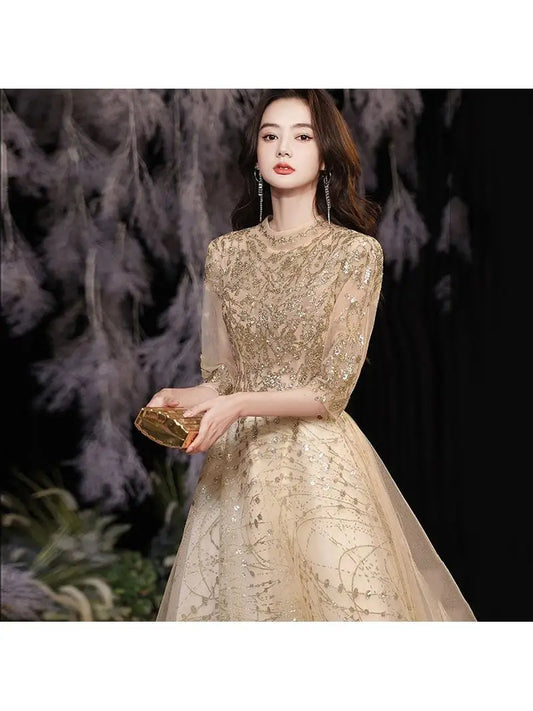 Ele Golden Evening Dr for Women Faionable Host Sle Midi Skirt Polyester Fabric Regular Sve mid Waist