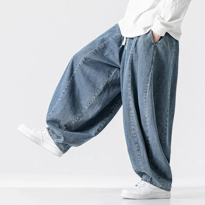 2025 New men's pants in plus size Japanese retro loose Haren straight leg pants Hong Kong style wide leg denim lantern pants